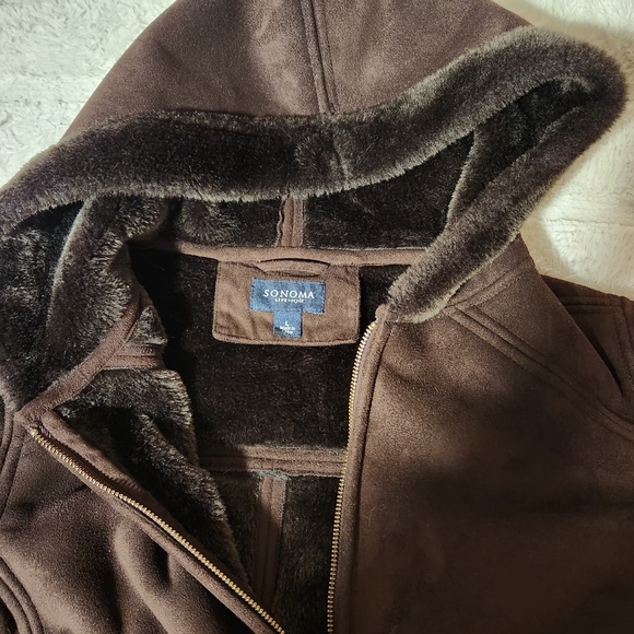 Sonoma Life+Style Womems Sz L Coat Brown Faux Suede & Fur Lined Hooded Pockets - Picture 6 of 12